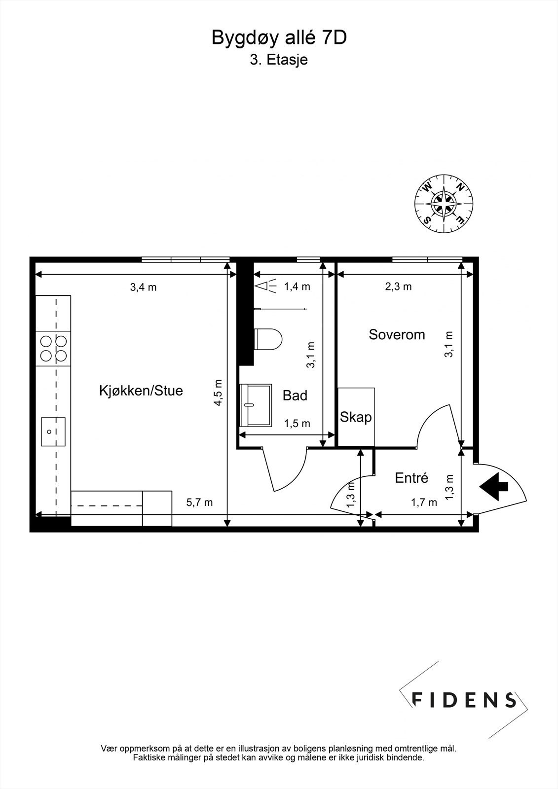 En arealeffektiv planløsning med åpen stue- og kjøkkenløsning, separat soverom og en innbydende entré. Galleribilde
