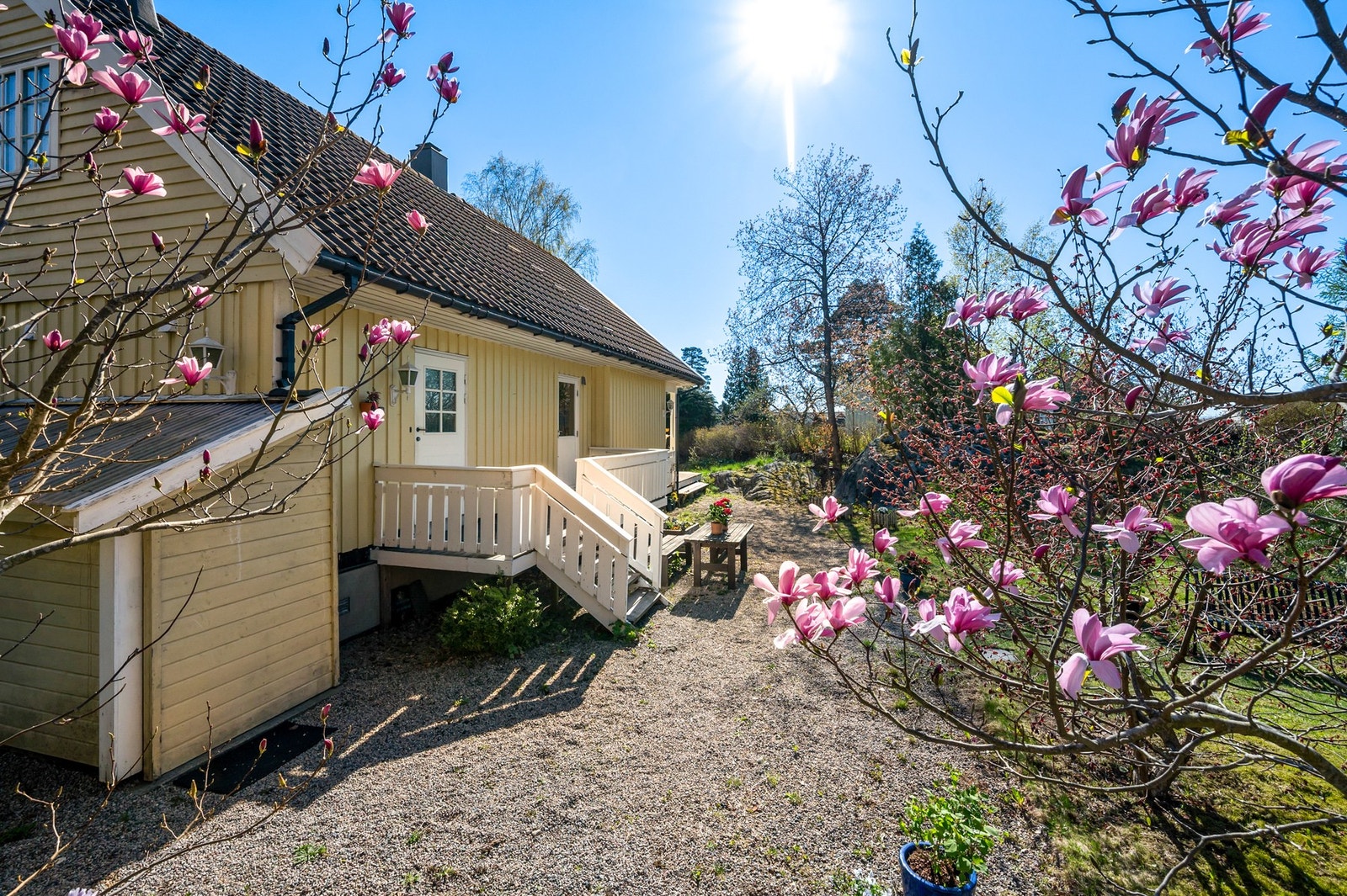 Tomten er et eldorado for den som liker å stelle i hagen med mange fruktrær, magnolia, akasie, kastanje mm Galleribilde