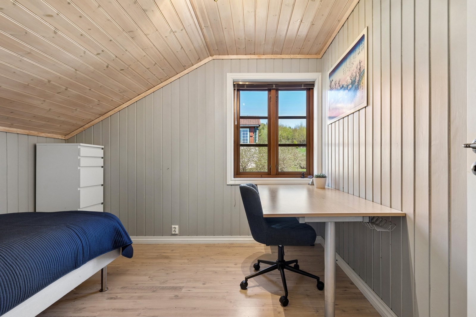 Rommene har plass til seng, garderobeløsning og skrivepult, og egner seg godt som barnerom, gjesterom eller hjemmekontor. Galleribilde
