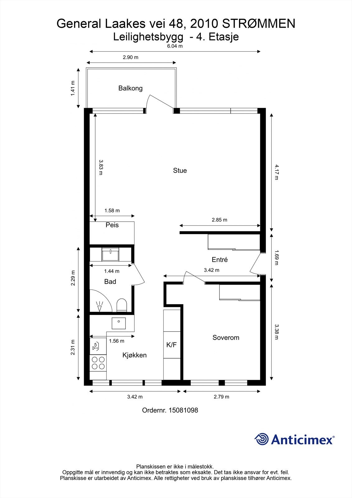 Leiligheten på 58 m² har en arealeffektiv planløsning med separat soverom. I tillegg medfølger to boder i kjeller på til sammen 6 m². Galleribilde