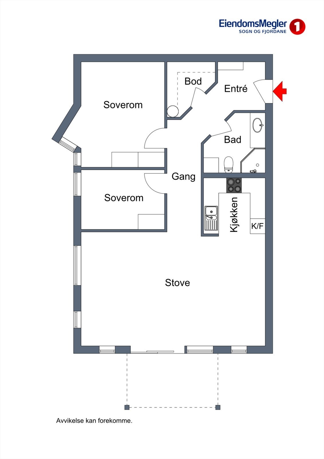 Leilegheita har ei arealeffektiv planløysing med alle rom på eitt plan, inkludert to soverom, bad og ei praktisk innvendig bod. Galleribilde