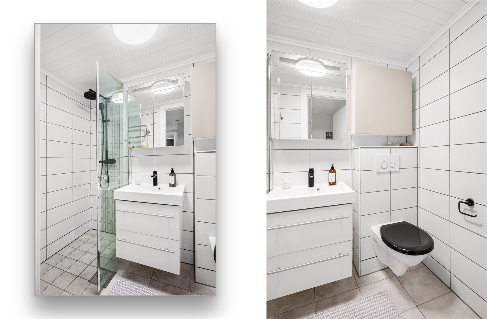 Badet har flislagte overflater og gulvvarme, innredet med bla. a. dusjhjørne, servantskap og speilskap. Galleribilde