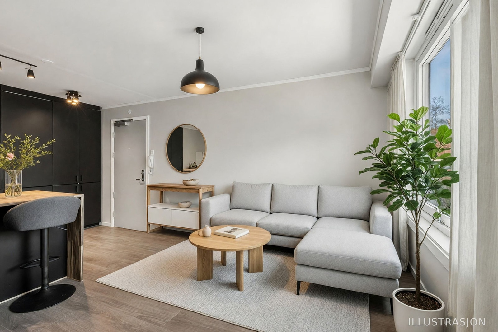 Illustrasjonsbilde: Stuen har god plass til en sofagruppe og annet møblement. Galleribilde