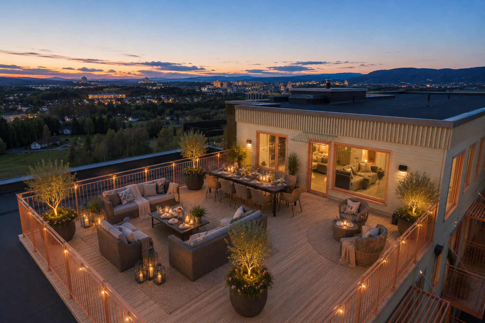 Takterrasse på hele 62 kvm. Bildet er AI generert med møbler og kveldsstemning. Galleribilde