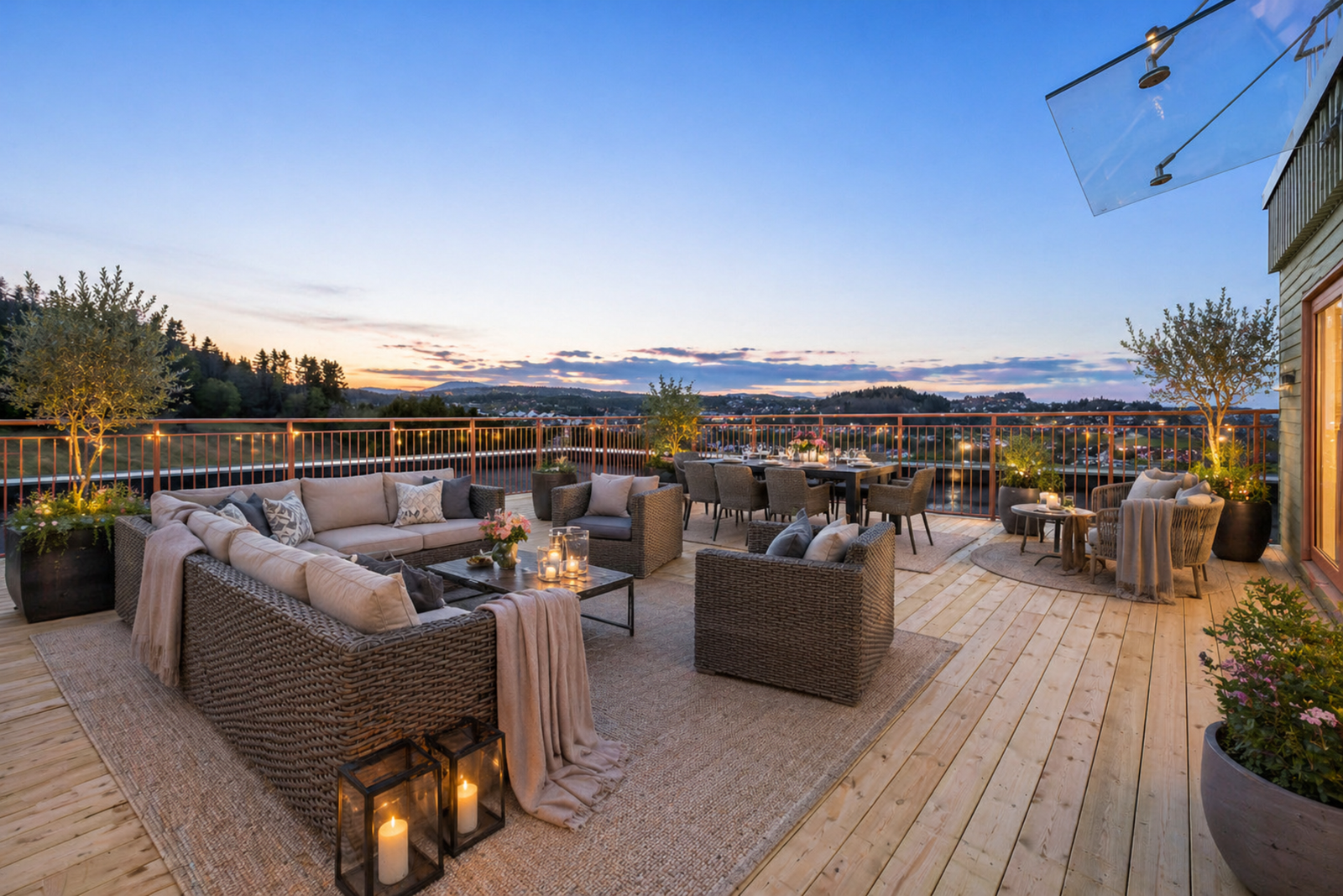 Takterrasse på hele 62 kvm. Bildet er AI generert med møbler og kveldsstemning. Galleribilde
