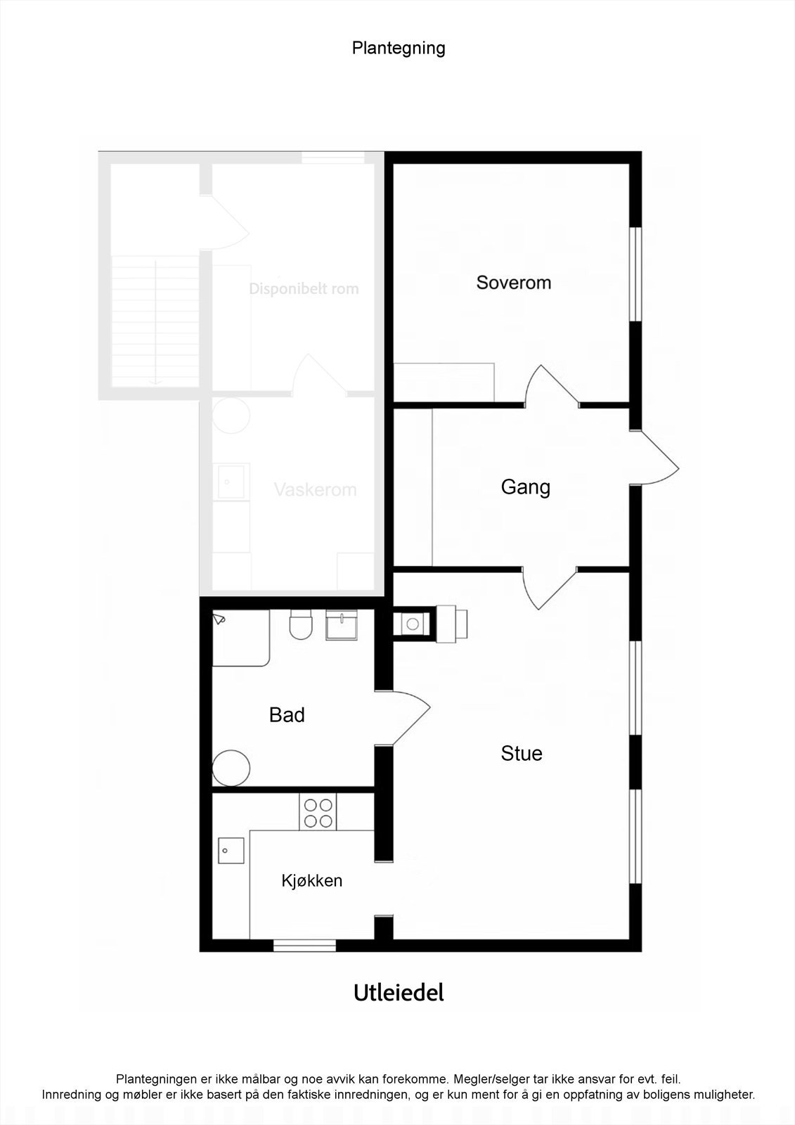Utleieleiligheten på 50 m² har en arealeffektiv planløsning med stue, kjøkken, bad og soverom. Galleribilde