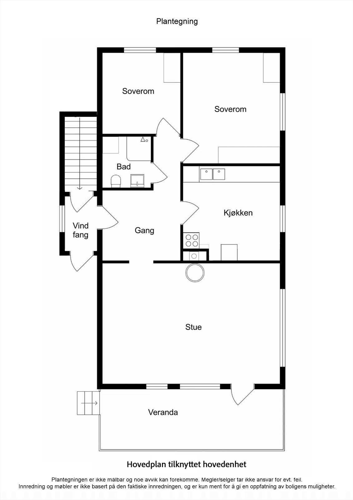 Hoveddelen har en praktisk planløsning på 96 m² som samler stue, kjøkken, bad og to soverom på ett plan. Galleribilde