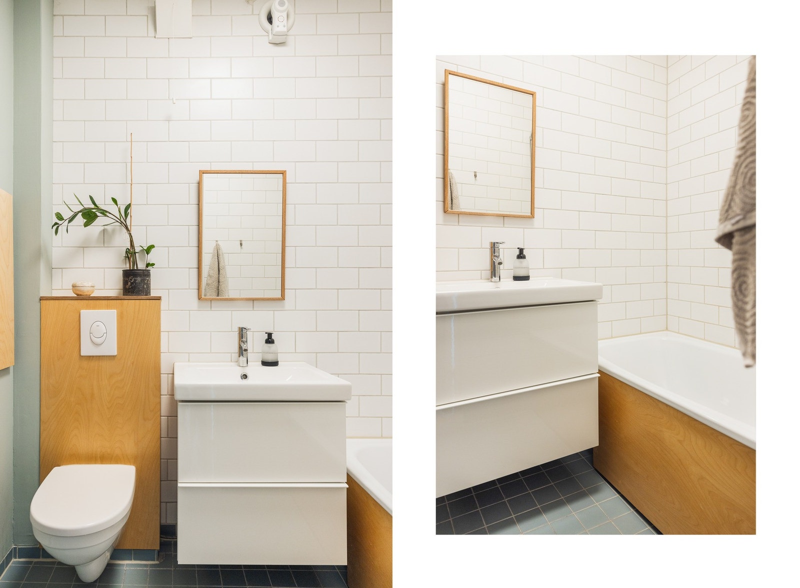 Badet er innredet med vegghengt toalett, servant med innredning og badekar med dusj. Galleribilde