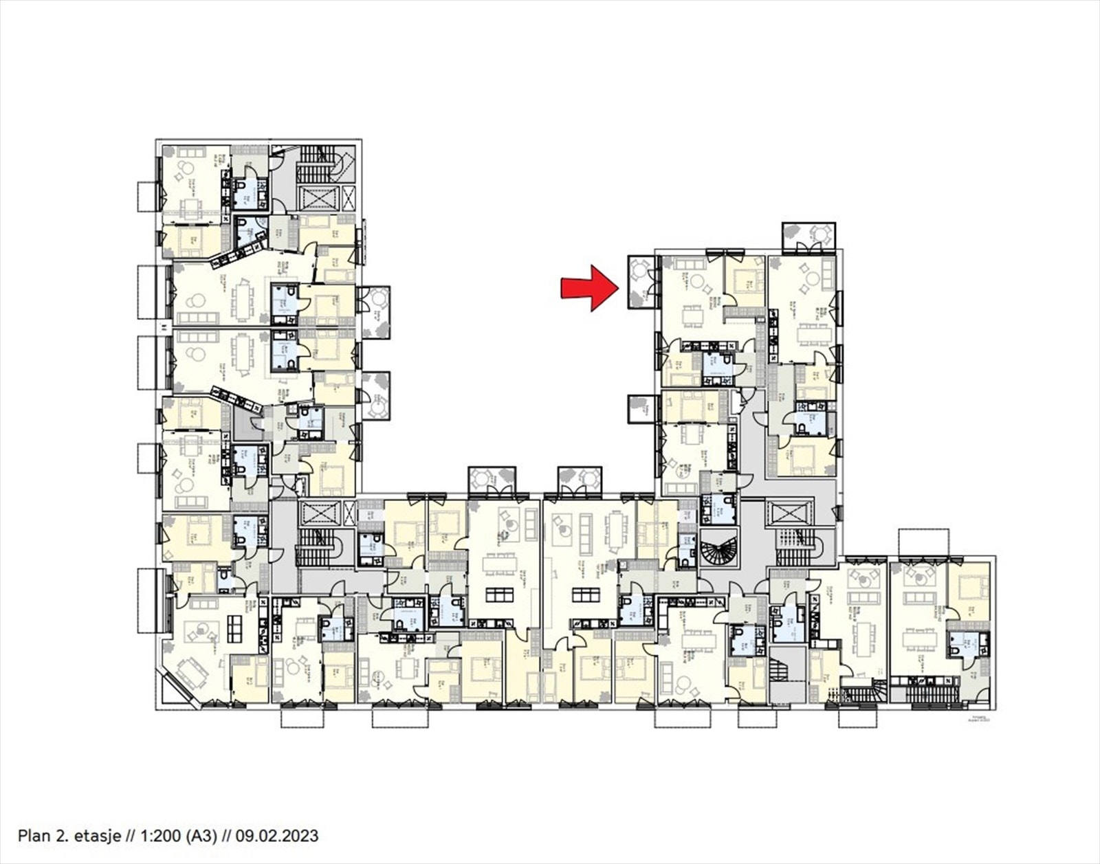 Etasjeplan med markering av leilighetens beliggenhet. Galleribilde
