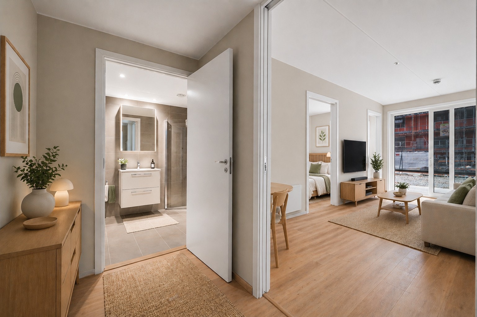Fin entré m. plass til garderobe, klær og sko. Porttelefon. KI-redigert foto av leil. april 26. Avvik vil forekomme. Galleribilde