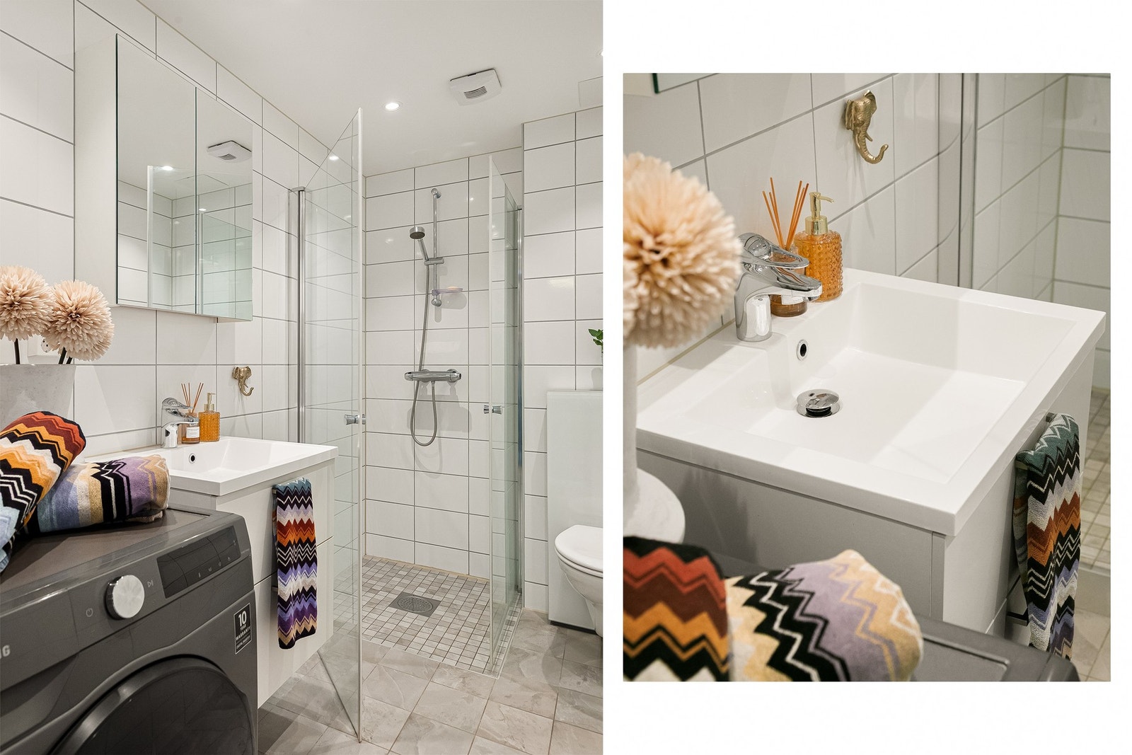 Badet er utstyrt med toalett, dusjhjørne, servantinnredning og opplegg for vaskemaskin. Galleribilde