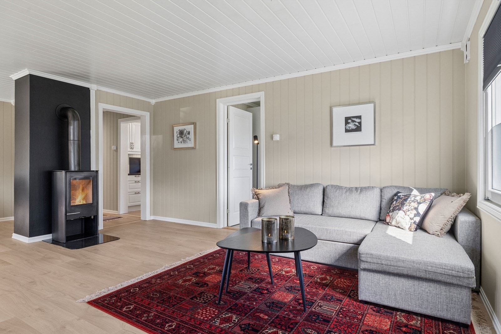Rommets sentrum er en moderne peisovn som gir varme på kalde dager. Pipe og ildsted - TG3 i rapporten. Galleribilde