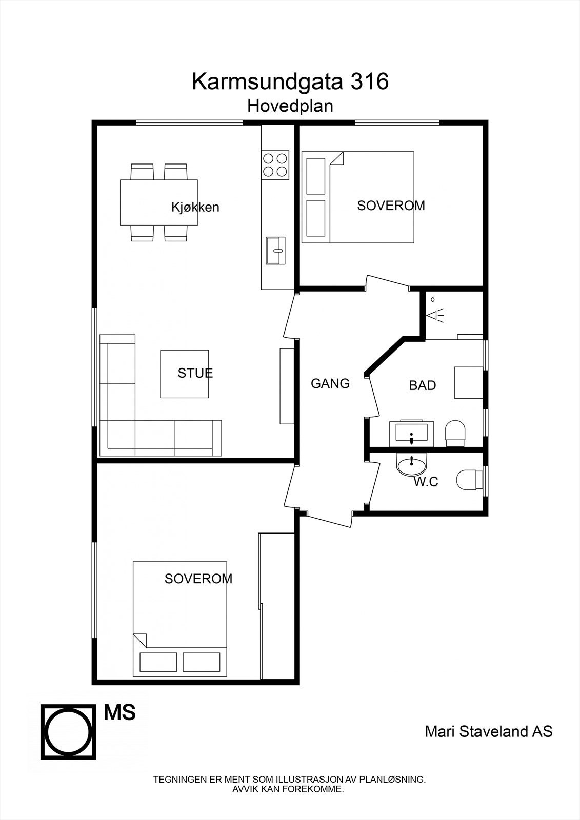 En arealeffektiv planløsning fordeler leilighetens 62 m² over en entré, to soverom, bad, separat toalettrom og en åpen stue- og kjøkkenløsning. Galleribilde
