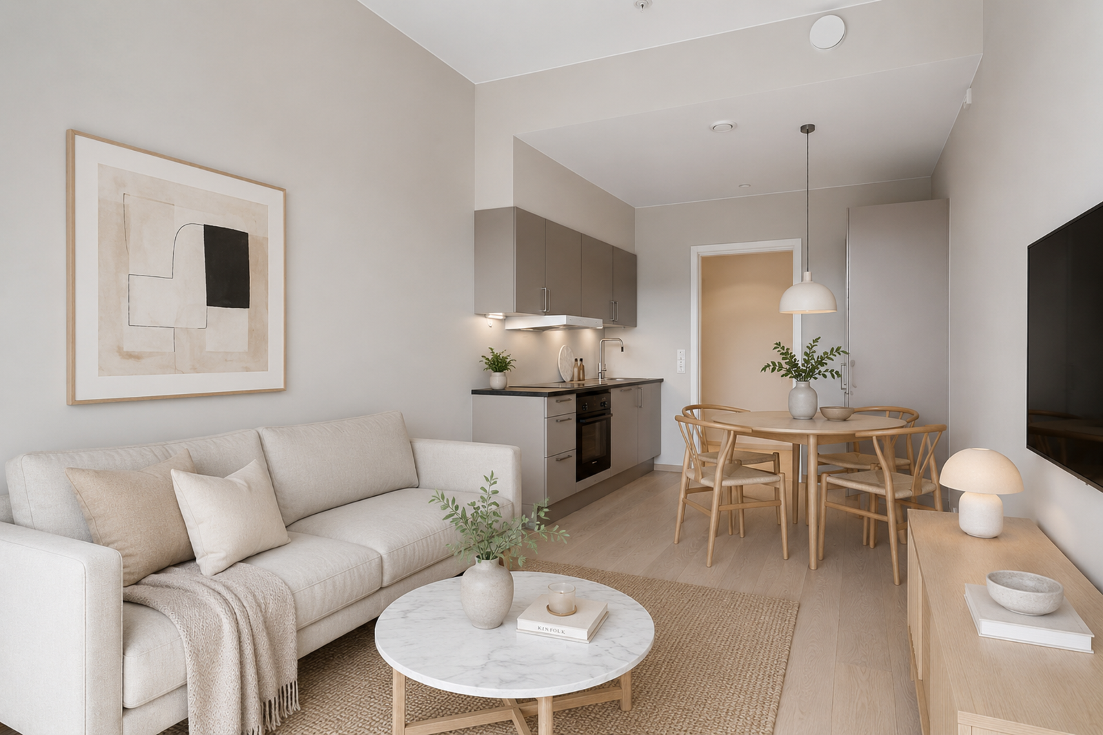 Leiligheten har høy, moderne standard. 1-stavs parkett, plassbygd bad med pene fliser og kjøkken fra HTH. Bildet er AI generert. Galleribilde