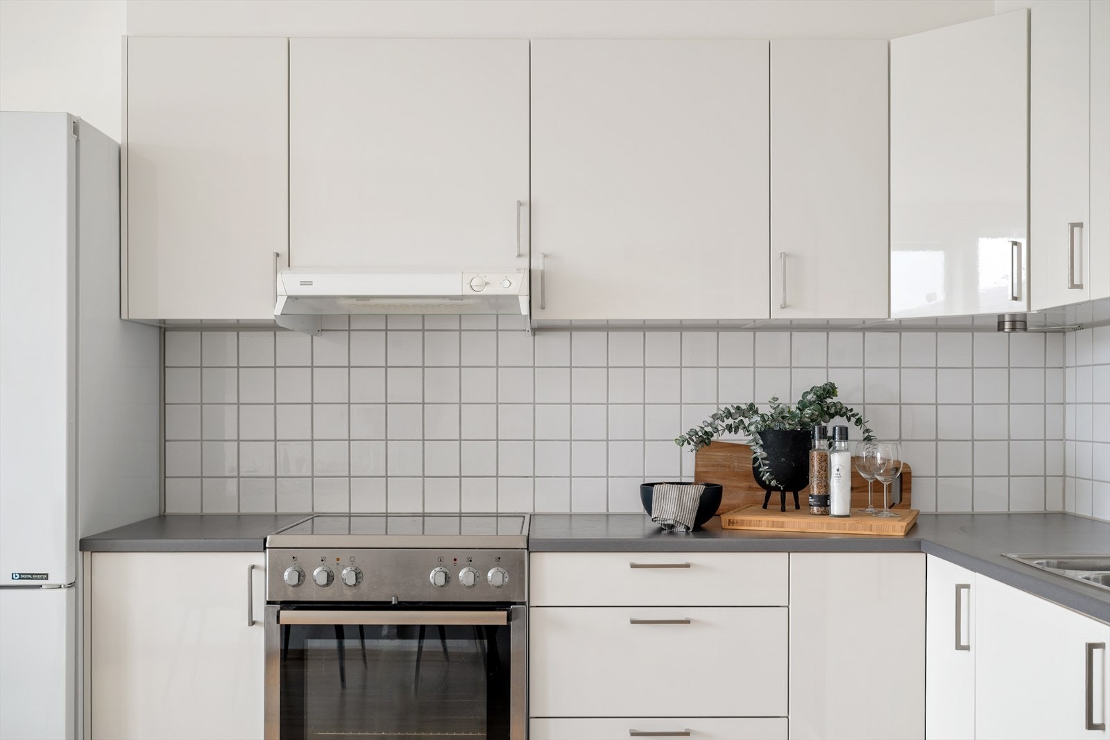 Det er godt med skap- og benkeplass, samt opplegg for frittstående hvitevarer. Galleribilde