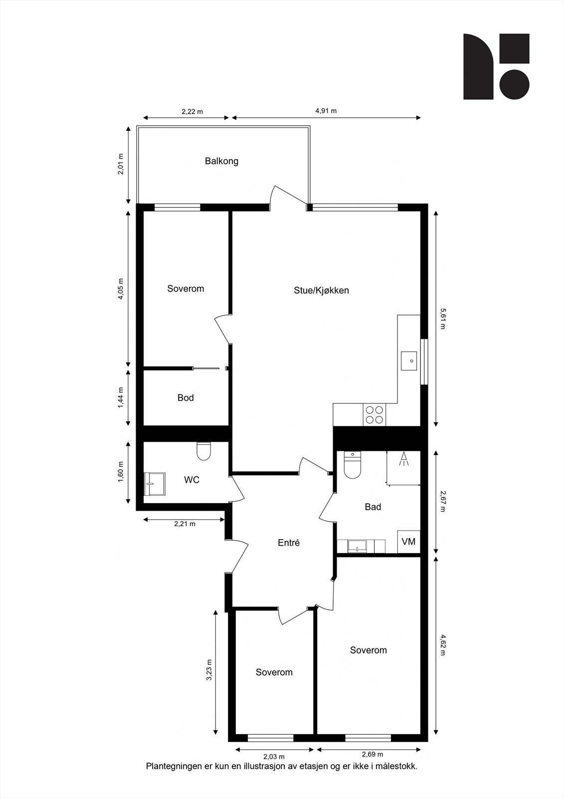 Plantegning. Leiligheten disponerer en bod i kjelleren på 5 m² og en parkeringsplass i felles garasjekjeller. Galleribilde