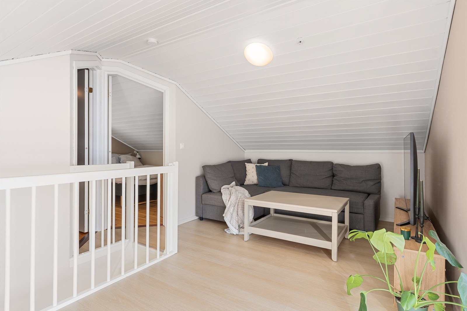 Malte vegger, hvit panel i tak og moderne laminat på gulv. Galleribilde
