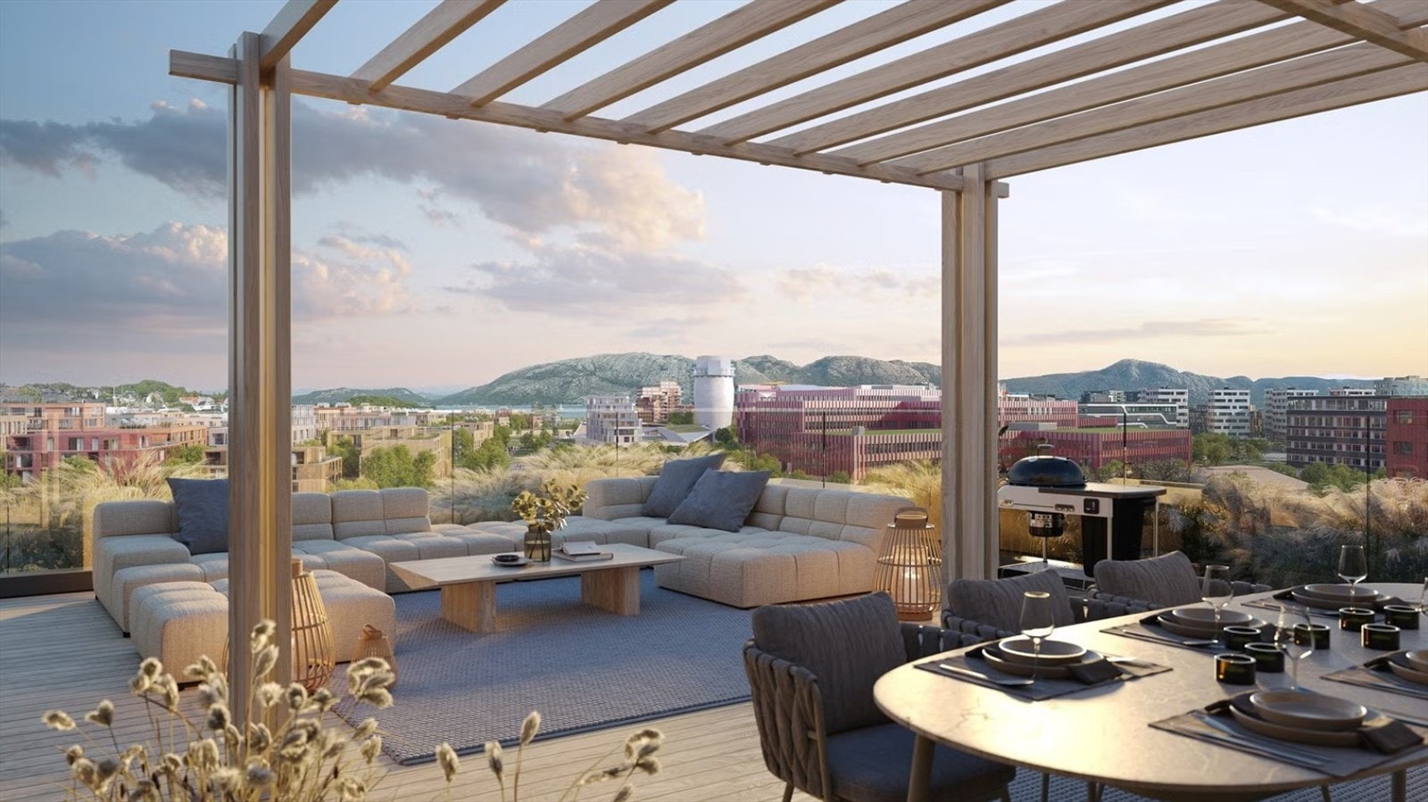 Beboere i prosjektet har tilgang til en felles takterrasse med flott utsikt og herlige solforhold i tillegg til felles selskapslokale. Illustrasjon fra søstrene Hinna Galleribilde