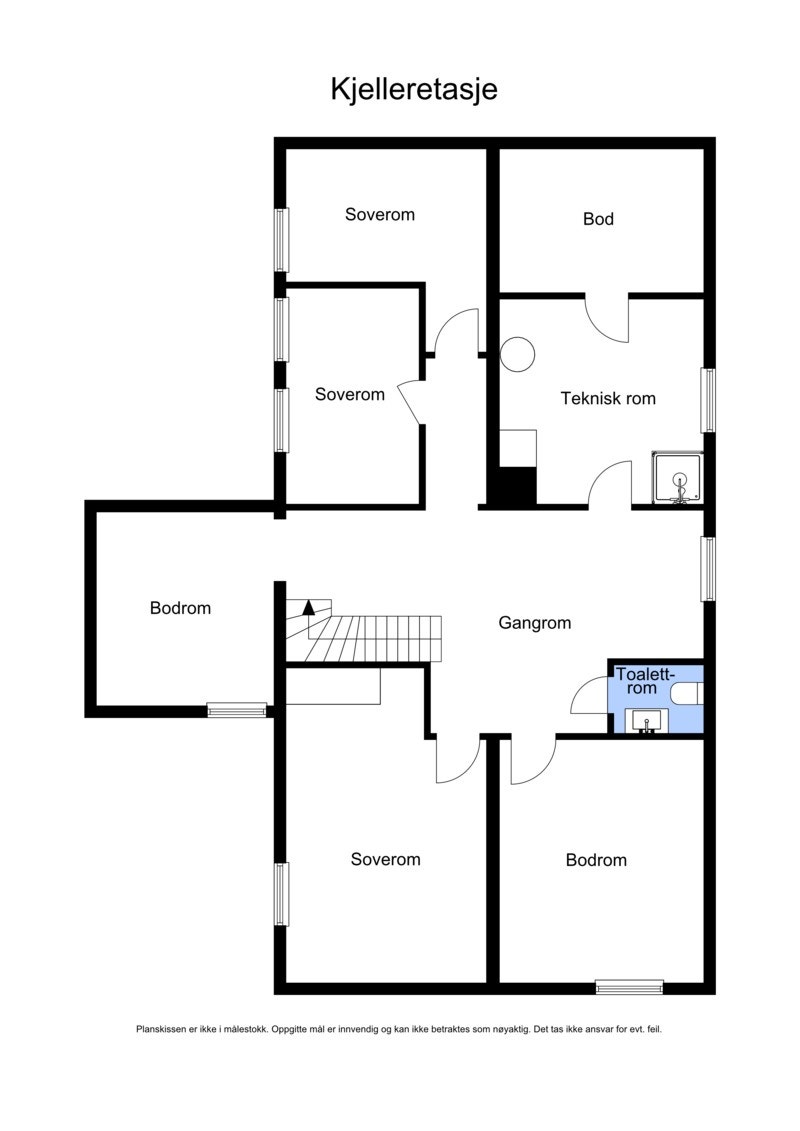 Planløsning kjeller. Det er ikke søkt bruksendring for oppdeling til to rom for det ene godkjente soverommet (vises øverst på plantegningen). Galleribilde
