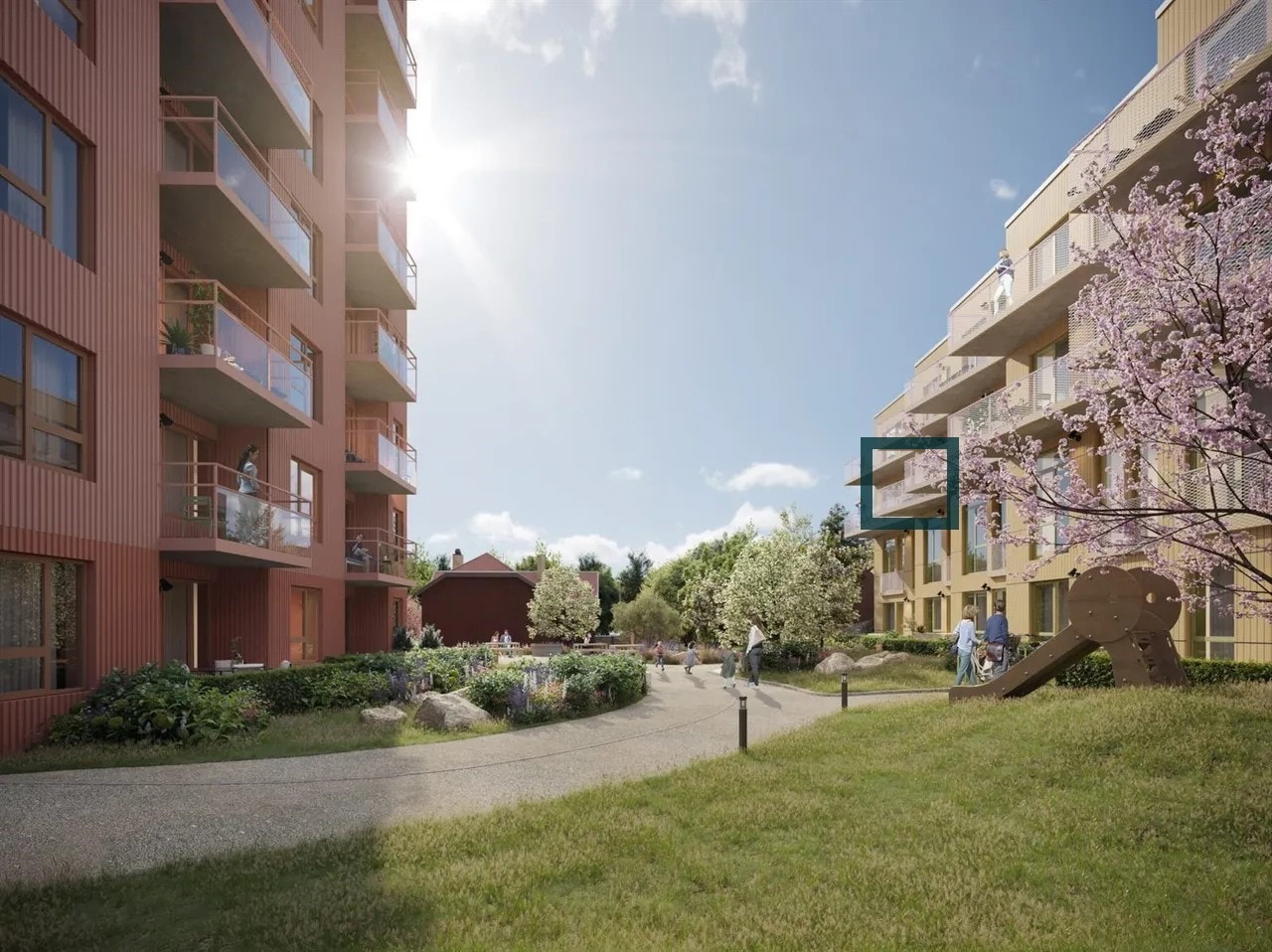 Fin beliggenhet i 3. etg. inn mot gårdshage. Omtrentlig avmerking. Galleribilde