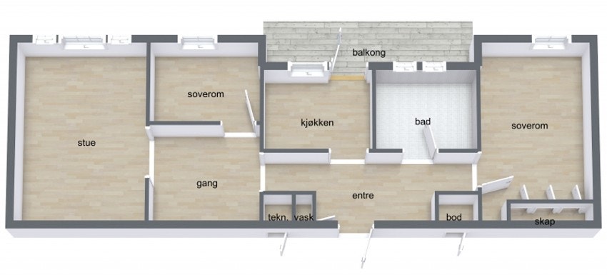 Leiligheten rommer: gang, soverom, bad, kjøkken, 2 soverom og stue. Galleribilde
