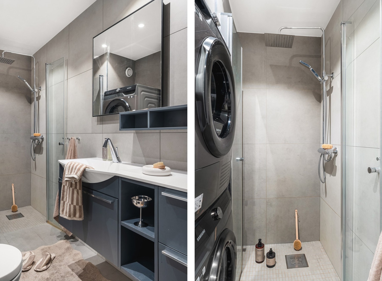 Helfliset bad, oppusset i 2020. Badet fremstår moderne og funksjonelt med dusjhjørne med glassvegger, vegghengt toalett, baderomsinnredning og opplegg for vaskemaskin. Galleribilde