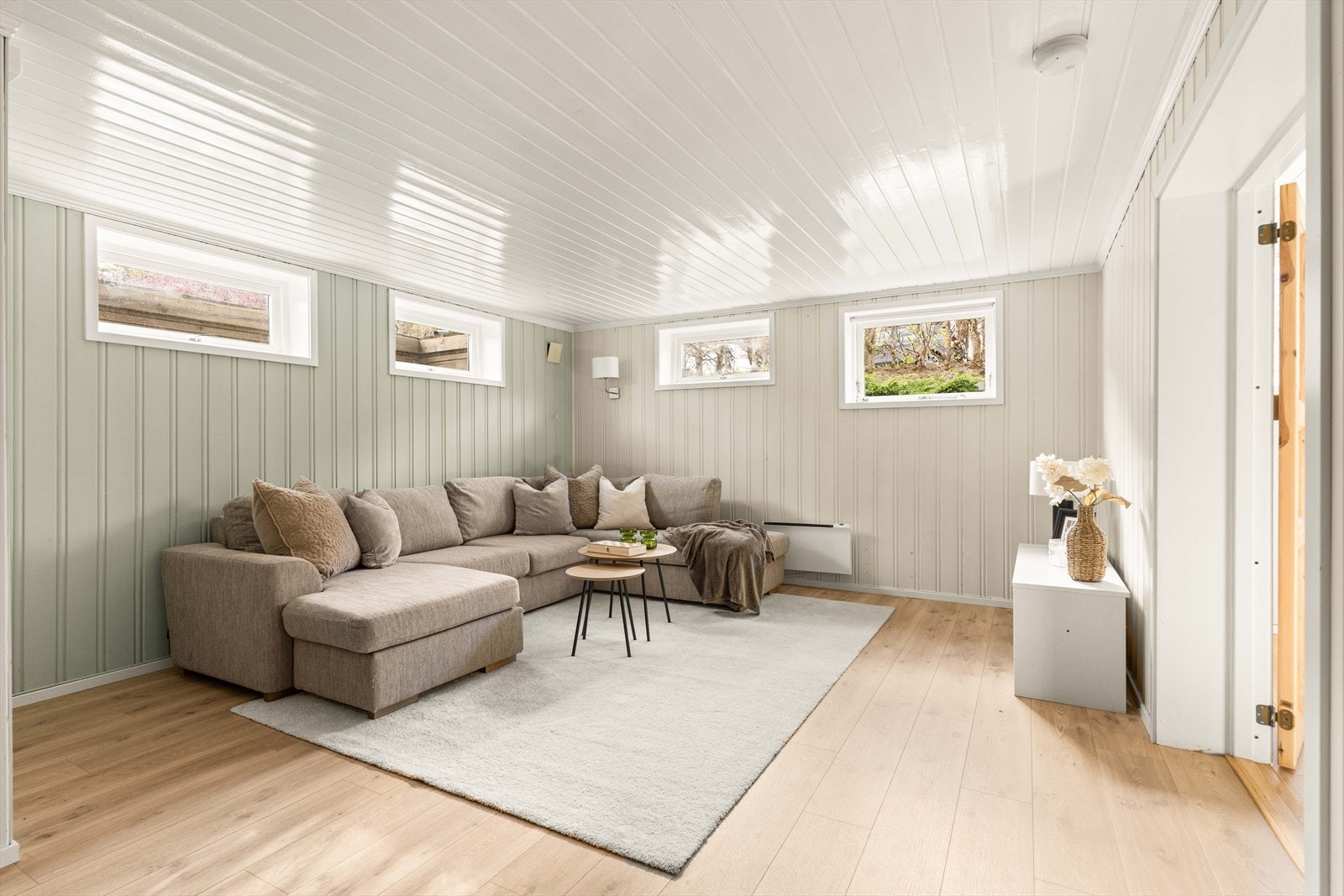 Kjellerstue med god plass til en stor sofagruppe og mediemøblement. Galleribilde