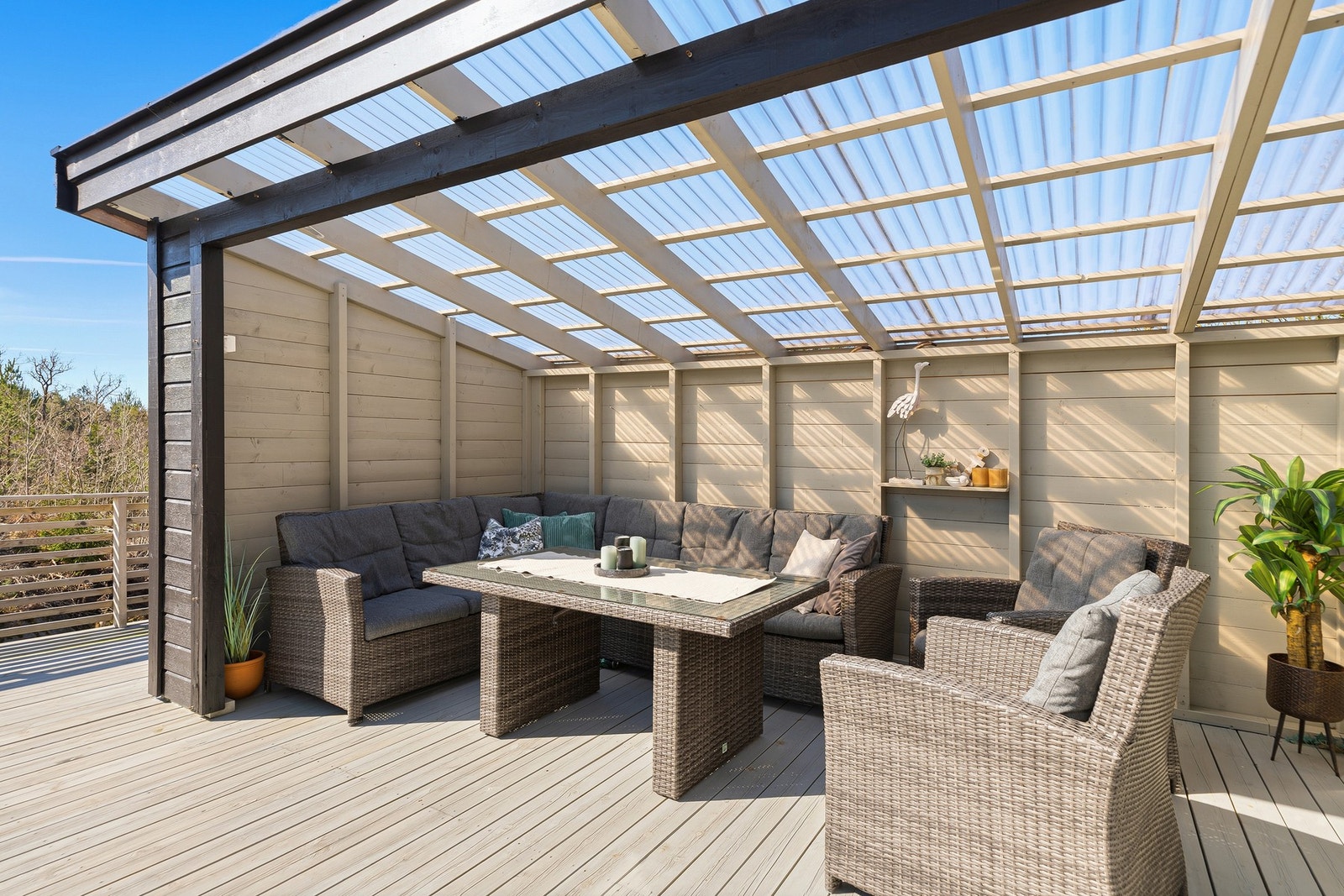 Utestuen sørger for en perfekt kombinasjon av åpen terrasse og overbygd sone som forlenger utesesongen og gir gode muligheter for både avslapning og sosiale sammenkomster. Galleribilde