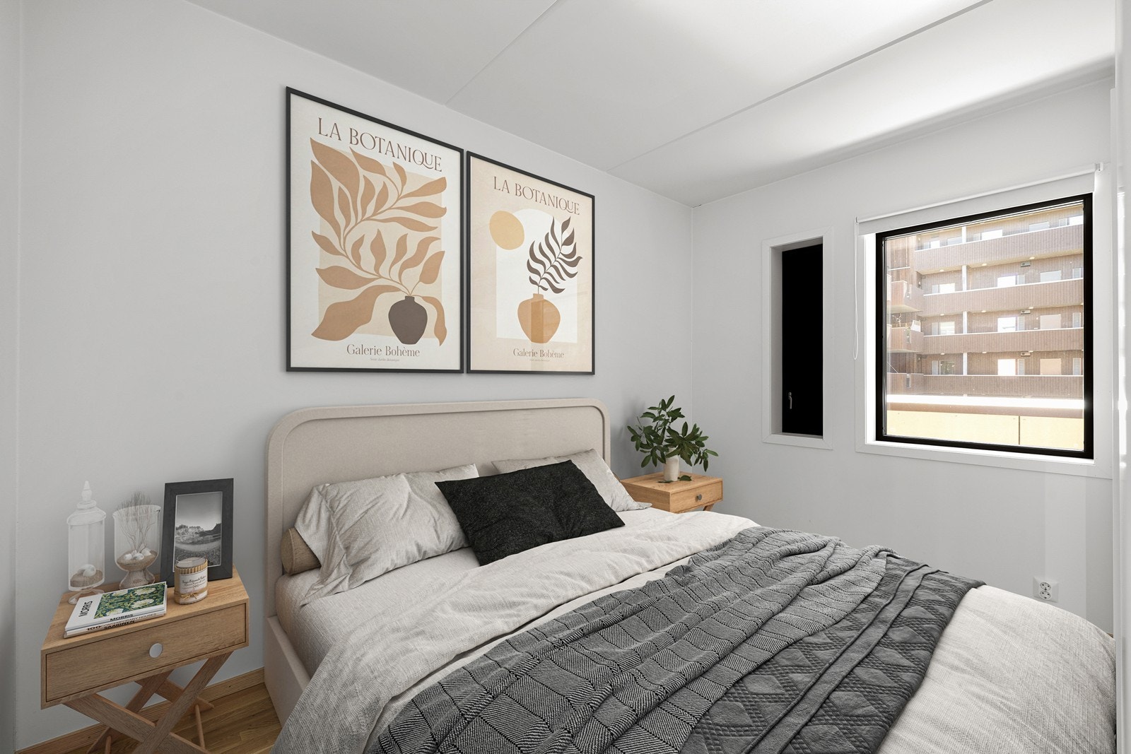 Leiligheten har et stort og romslig soverom med god plass til dobbeltseng. NB: Bilde er AI redigert, og avvik kan forekomme. Galleribilde