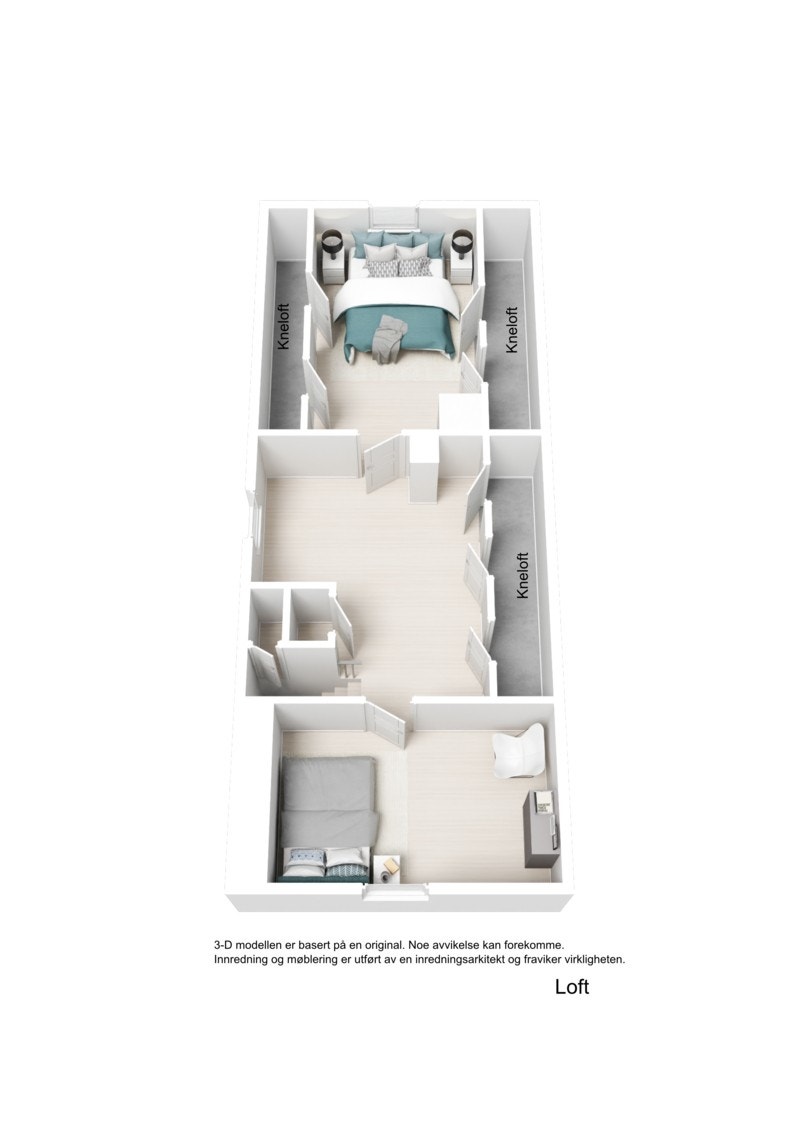 Plantegning loftsetasje(Ikke måleverdig areal pga høyde under 1,9 meter). På plantegningen er det satt inn senger da det er innredet slik, men soverommene er ikke godkjent pga for lav takhøyde. Galleribilde