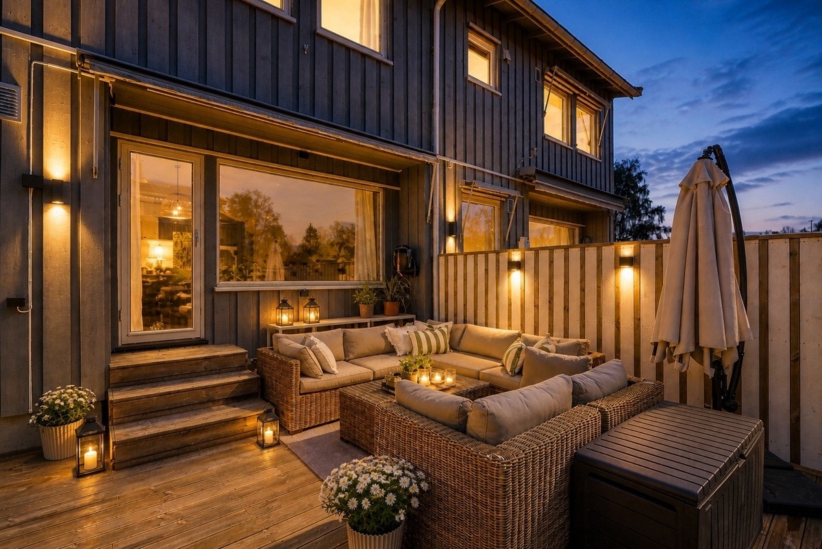 Kveldsstemning på terrasse ut fra stuen med overgang til hage. Utvendig lys på uteplasser er sensor/ tidsstyrt. Galleribilde