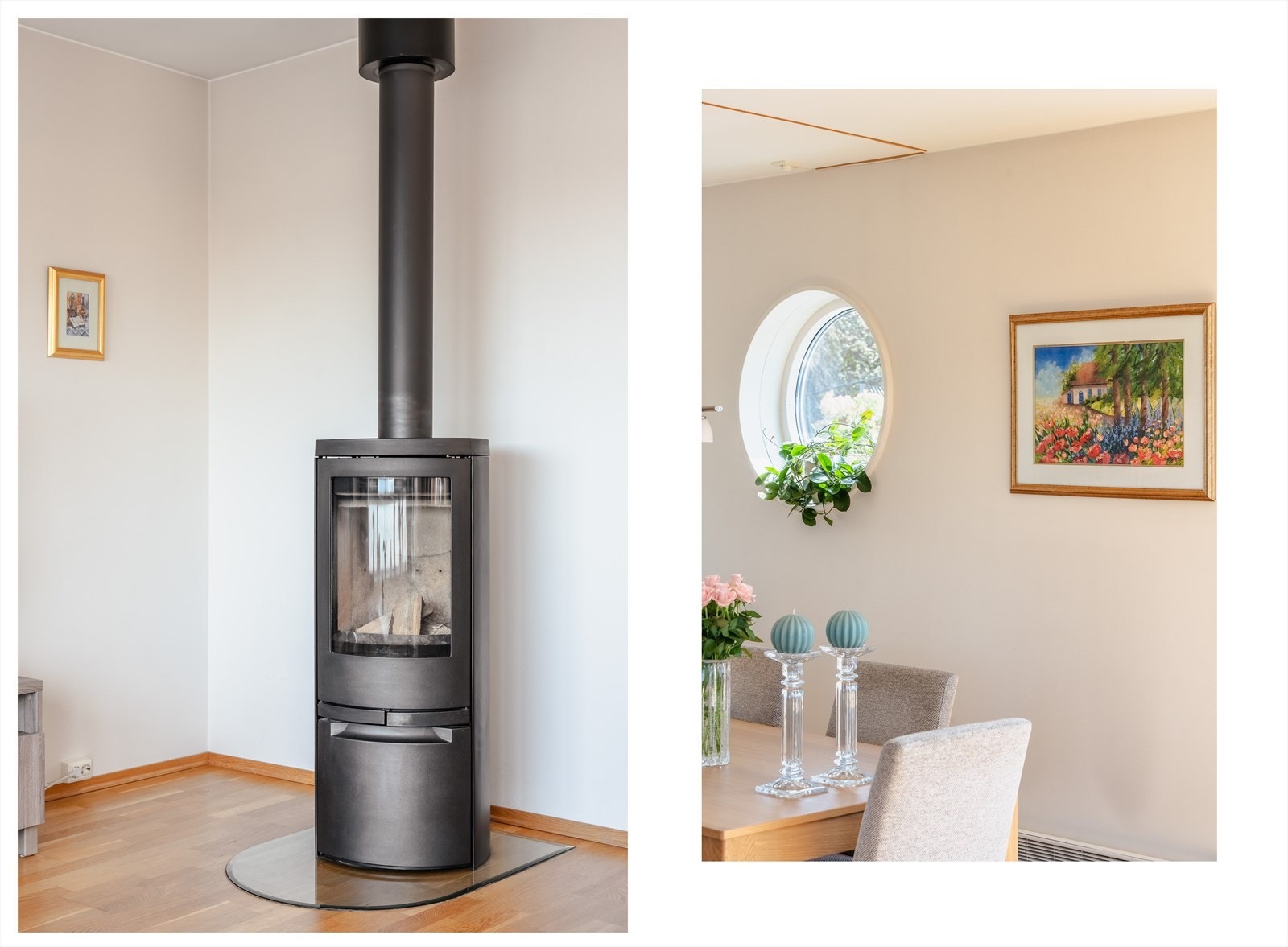 En moderne vedovn i stuen gir lun varme, supplert av elektrisk oppvarming i boligen. Galleribilde