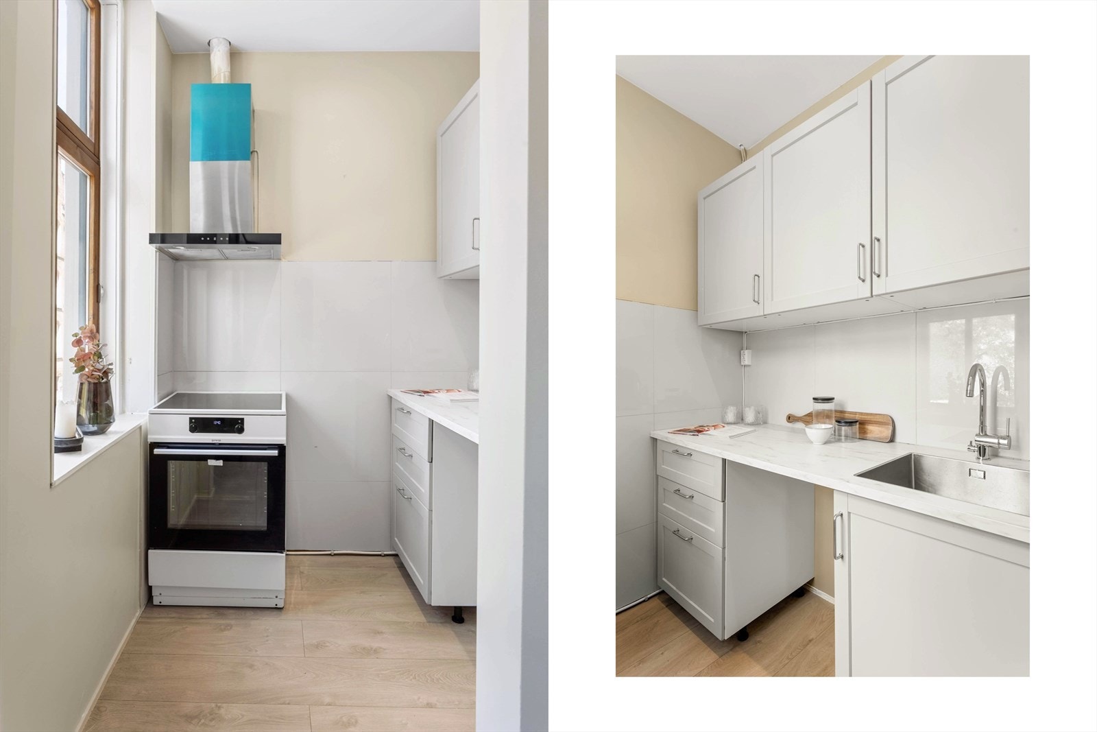 Kjøkkenet har en praktisk utforming med potensial for tilpasninger. Her er det opplegg for oppvaskmaskin. Ventilator over kokesonen har avtrekk ut av bygget. Galleribilde