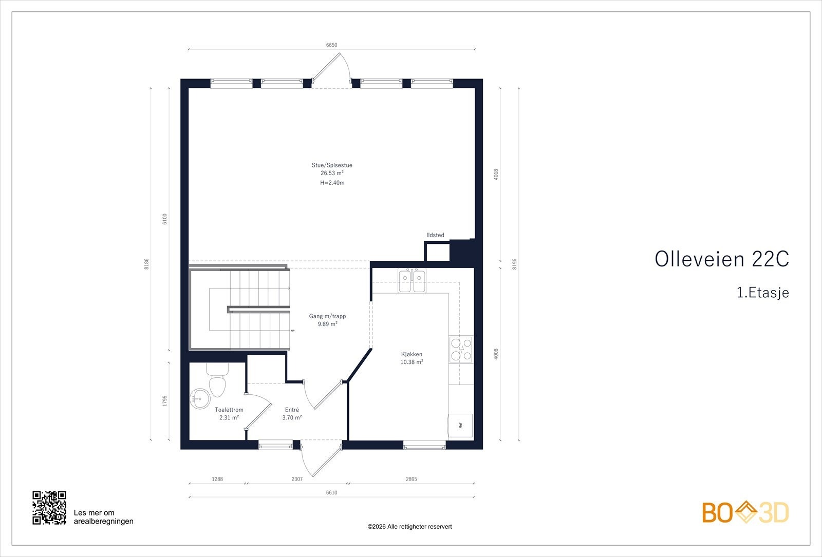 1. etasje: Entré/vindfang, trappehall, toalettrom, kjøkken og stue/spisestue med utgang til hage. Galleribilde