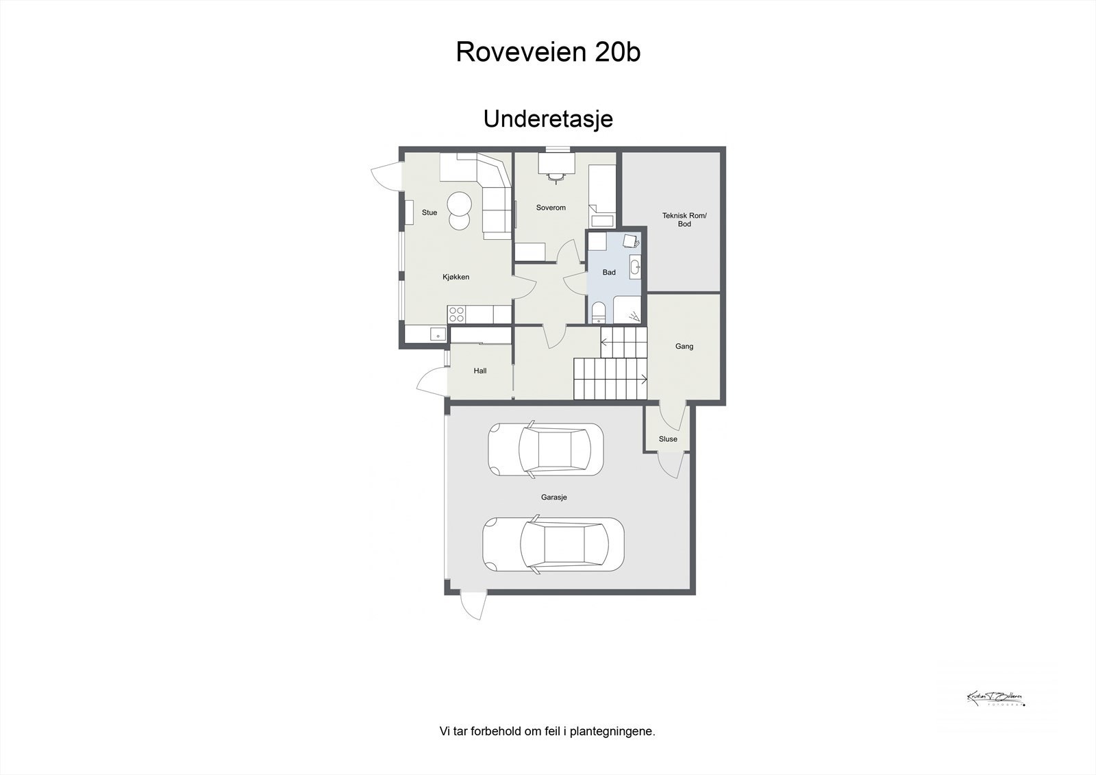 Underetasjen inneholder en romslig dobbelgarasje med tørrskodd adkomst, teknisk rom, soverom og hybeldel med egen inngang. Galleribilde