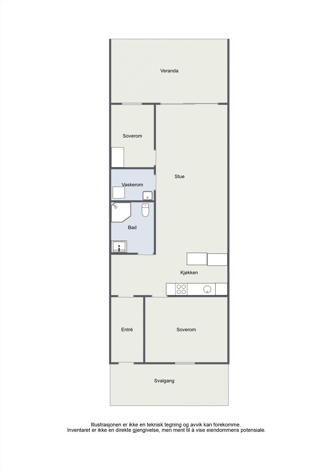 Leiligheten har en effektiv og praktisk planløsning med romslig entré, to soverom, bad, eget vaskerom, kjøkken og stue. Galleribilde