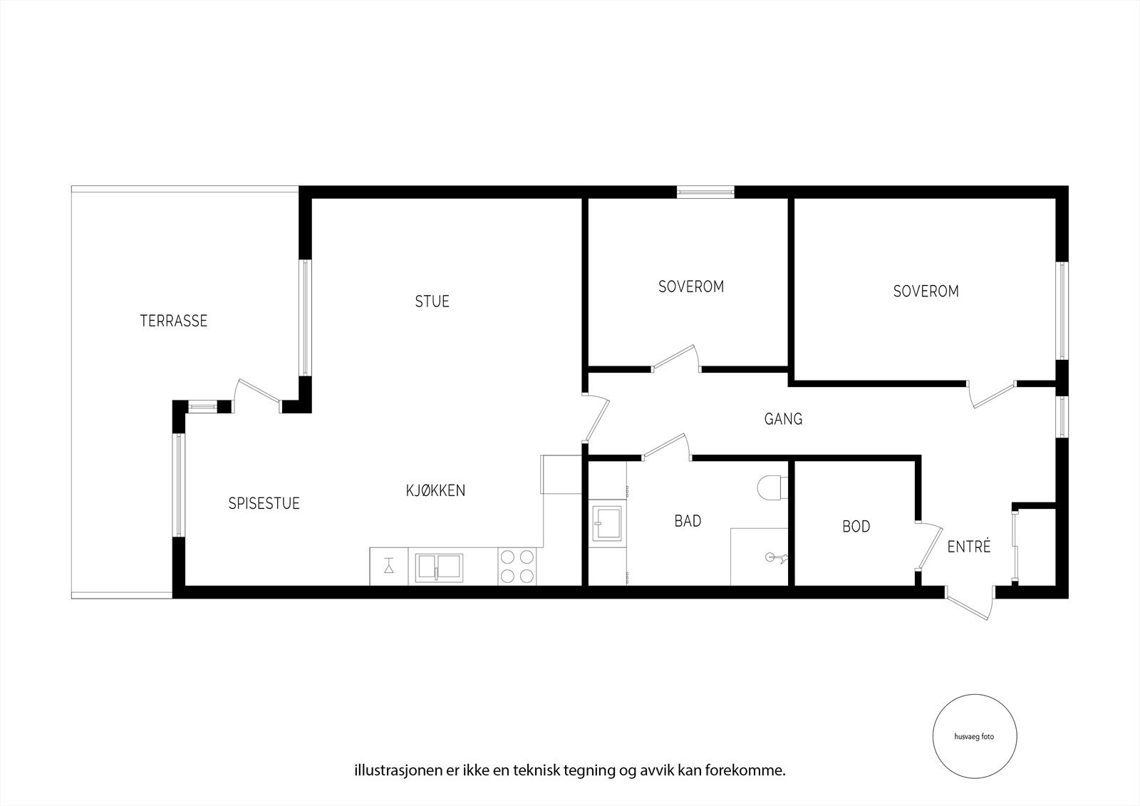 En arealeffektiv planløsning med alt på ett plan. Soveavdelingen ligger praktisk adskilt fra de sosiale sonene. Galleribilde