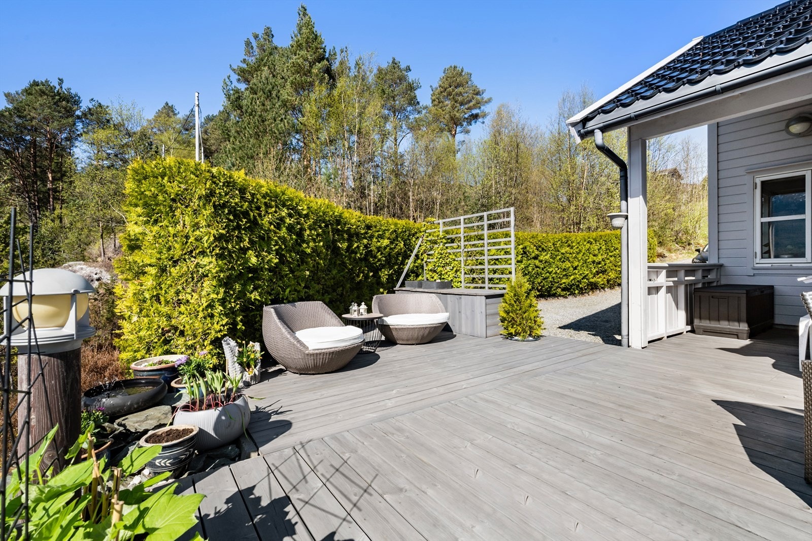 Terrasse er skjermet av hekk mot vest. Galleribilde