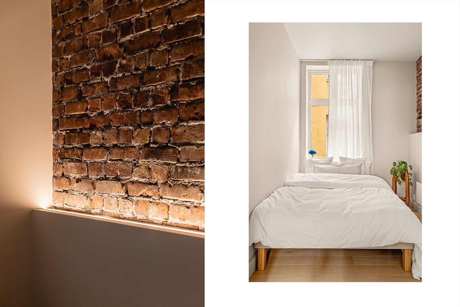 - Teglsteinsvegg med integrert LED-list gir rommet et moderne og stemningsfullt preg - Galleribilde