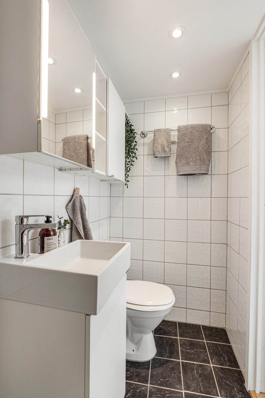 Badet er innredet med dusjhjørne, gulvstående toalett og har ellers praktisk baderomsinnredning med oppbevaringsmuligheter. Galleribilde