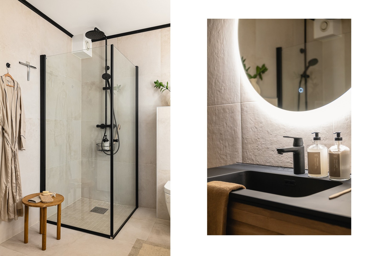 - Badet er utstyrt med vegghengt toalett, moderne dusjløsning med takdusj, baderomsmøbel med integrert belysning samt opplegg for vaskemaskin - Galleribilde
