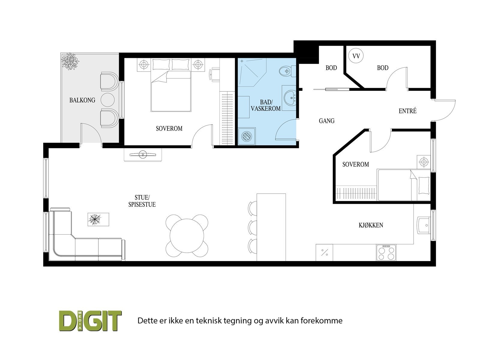 Leiligheten har en gjennomtenkt planløsning med to soverom, bad, bod og en åpen stue- og kjøkkenløsning. Galleribilde