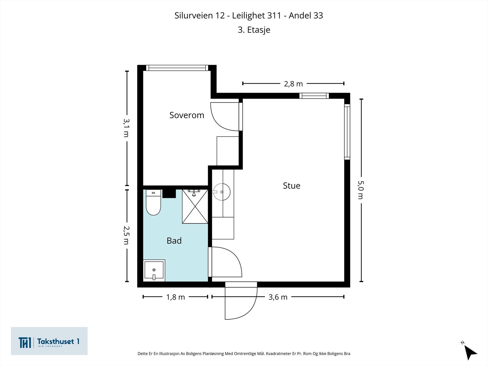 Alternativ planskisse, hentet fra tilsvarende enhet i 3.etasje. Leiligheten er byggemeldt som 1-roms. Galleribilde