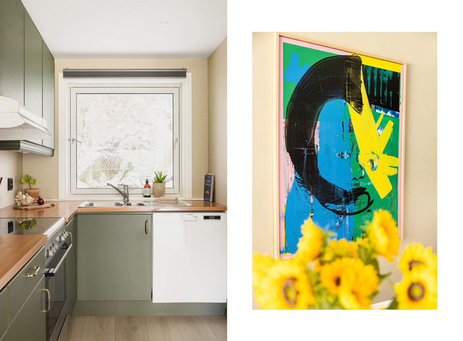 Kjøkkenet har en innredning som består av slette fronter og benkeplate av laminat. Galleribilde
