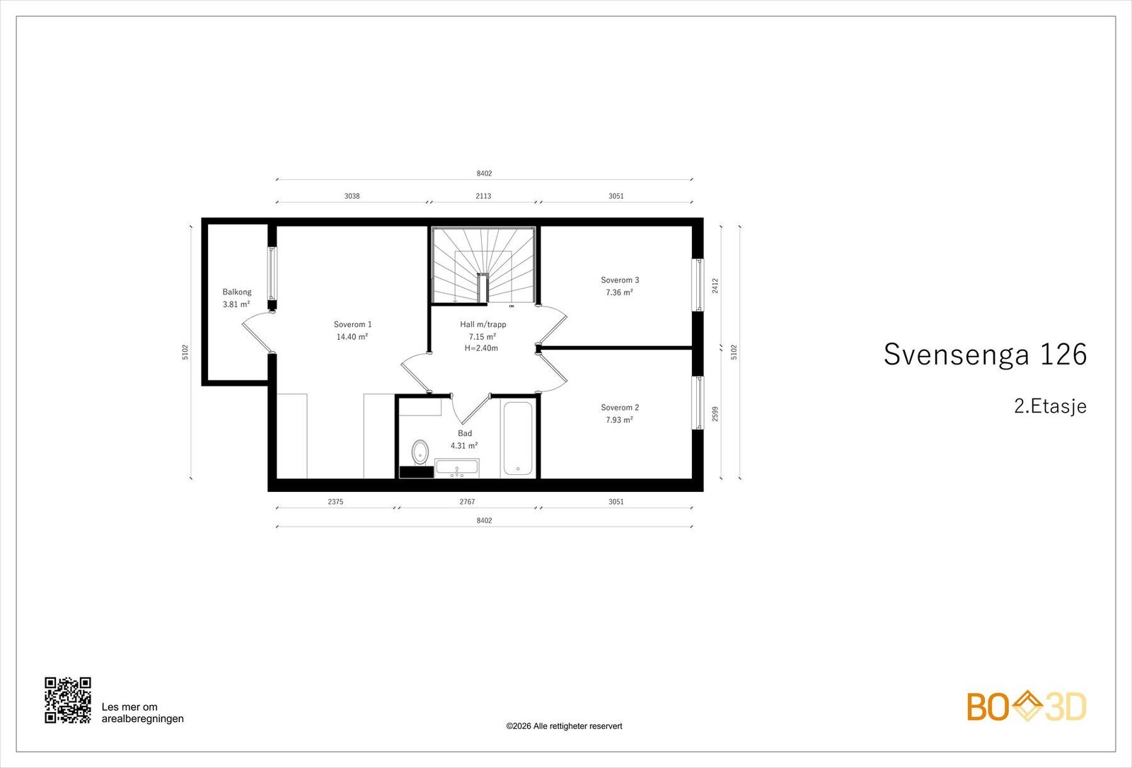Soveromsetasje på 43 kvm med 3 soverom og bad med badekar + balkong på 4 kvm. Galleribilde