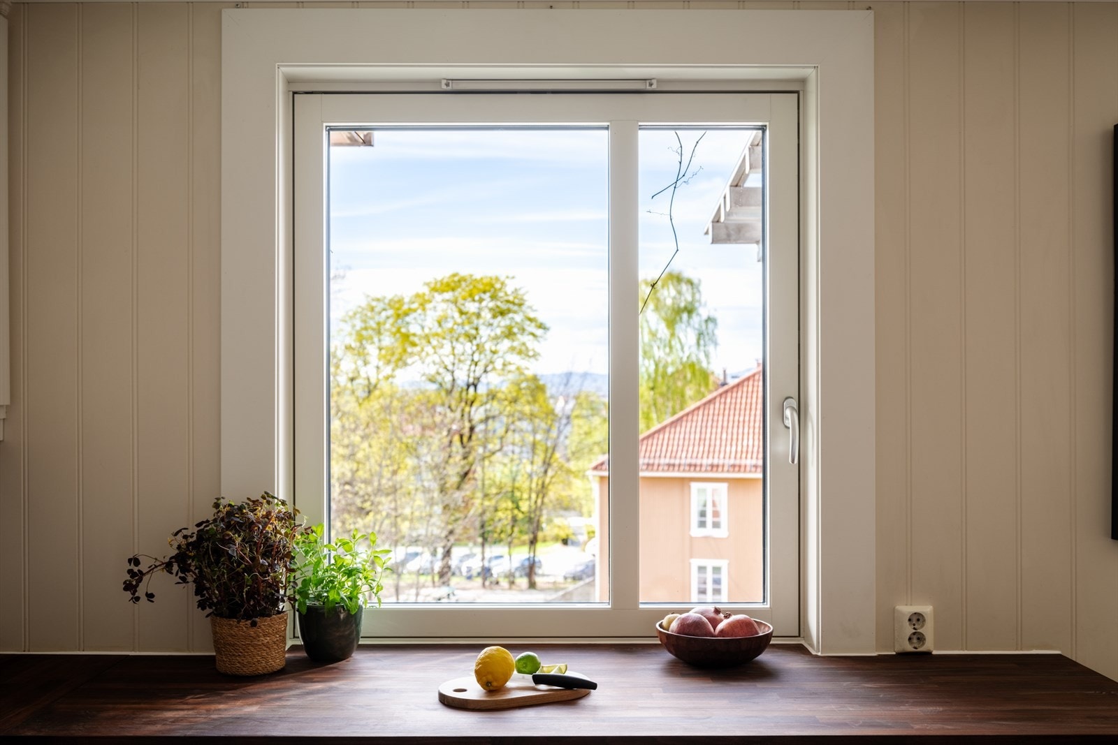 Åpen og koselig utsikt fra kjøkkenbenken. Galleribilde