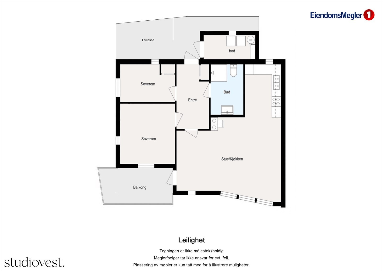 Leiligheten har en arealeffektiv planløsning på ett plan, med to soverom, åpen stue- og kjøkkenløsning, og utgang til både balkong og terrasse. Galleribilde