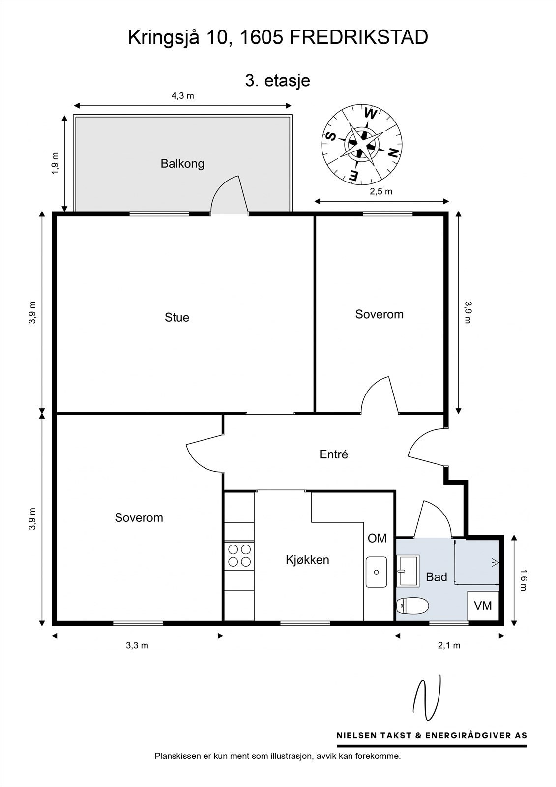Plantegning. Leiligheten disponerer én bod på loftet på 8 m² og to boder i kjeller på totalt 9 m². Galleribilde