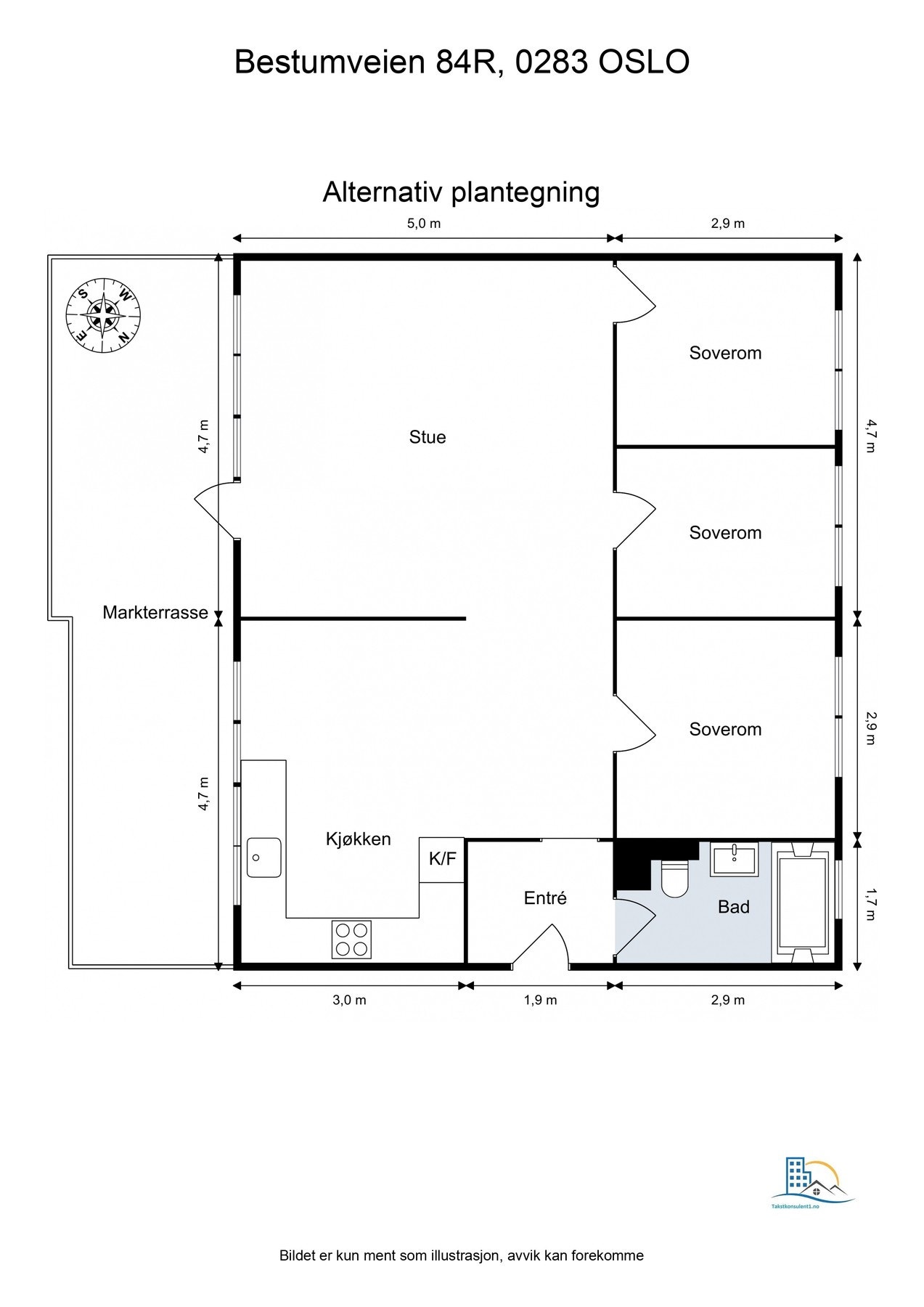 Alternativ planløsning med tre soverom. Galleribilde