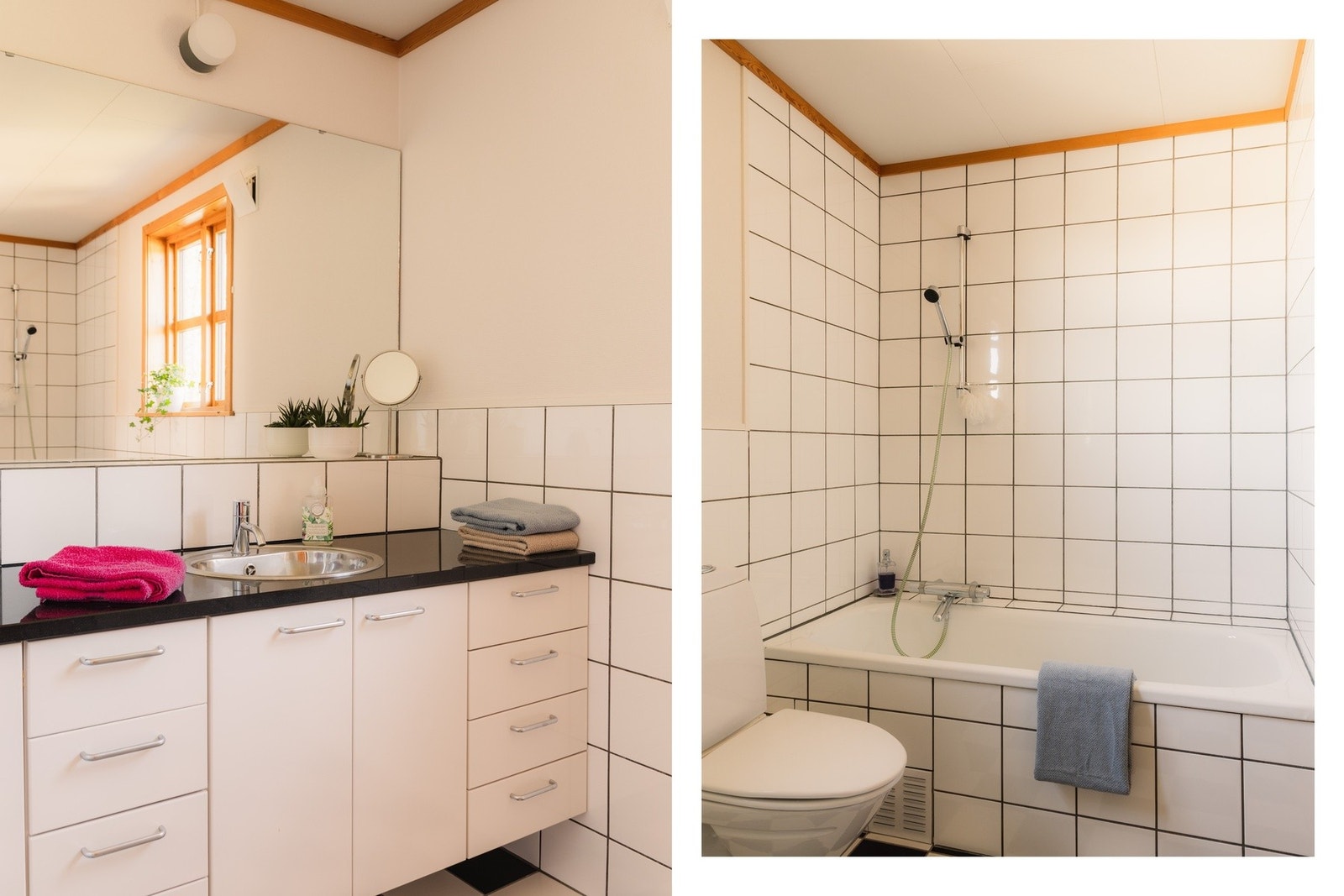 Baderommet er helfliset, har innebygget badekar med dusj og gulvstående toalett. Det er lagt varmekabler i gulvene. Galleribilde